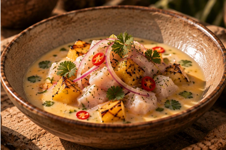 Propuesta de ceviche tropical con pescado y fruta fresca