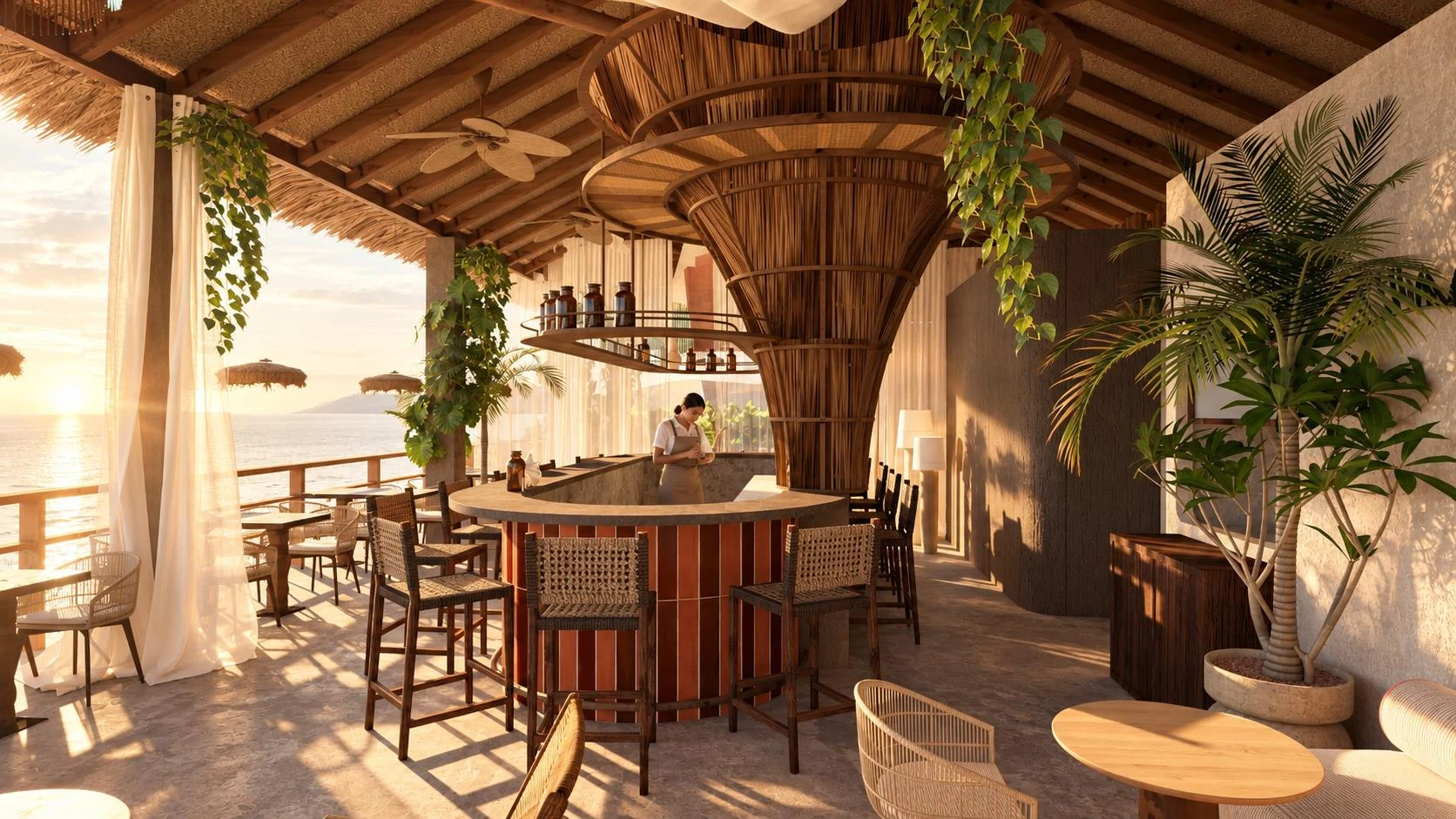 Visualización del bar de Simón con luz de atardecer y vista al océano